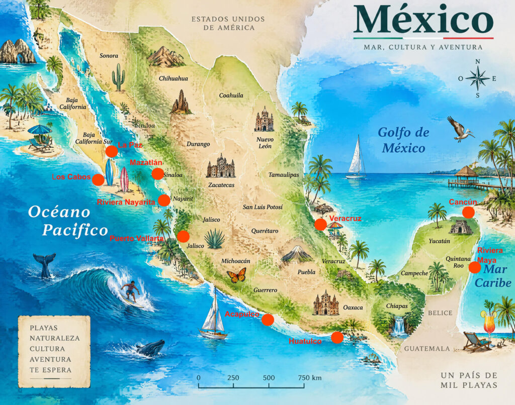 Mapa ilustrado de México con playas señaladas: Los Cabos, La Paz, Mazatlán, Cancún, Acapulco y Huatulco