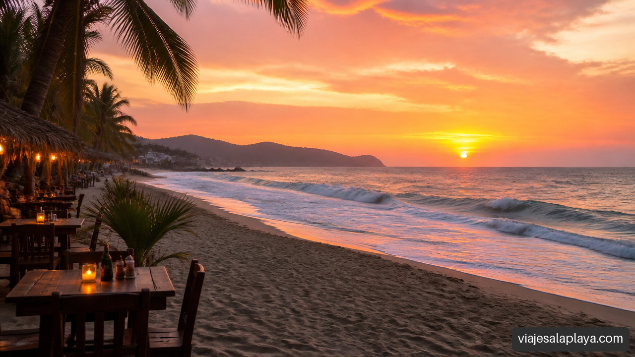 Atardecer en Pie de la Cuesta, Acapulco, con palmeras y restaurante frente al mar.