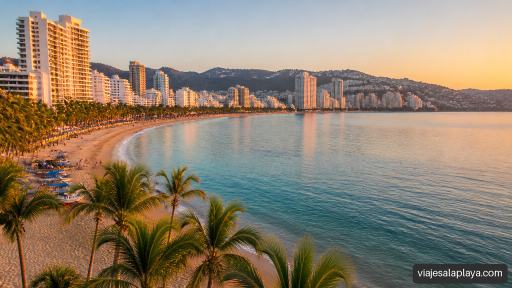 Vista panorámica de la bahía de Acapulco con hoteles, playa y palmeras.